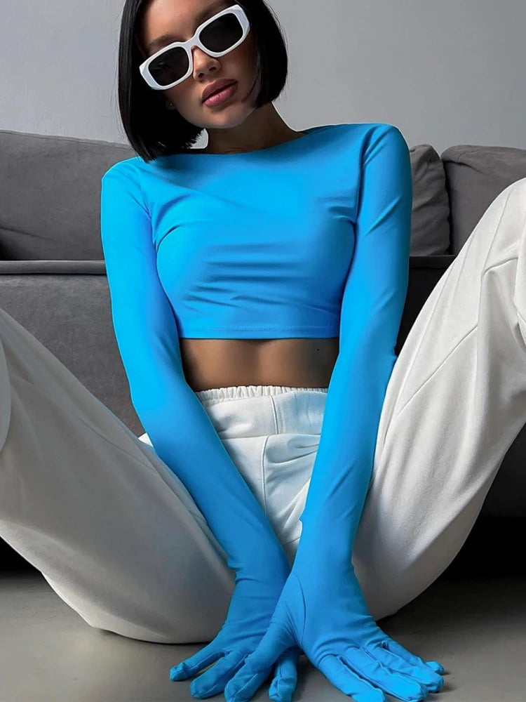 Cotton T-Shirt Crop Top Long Sleeve With Gloves 2023