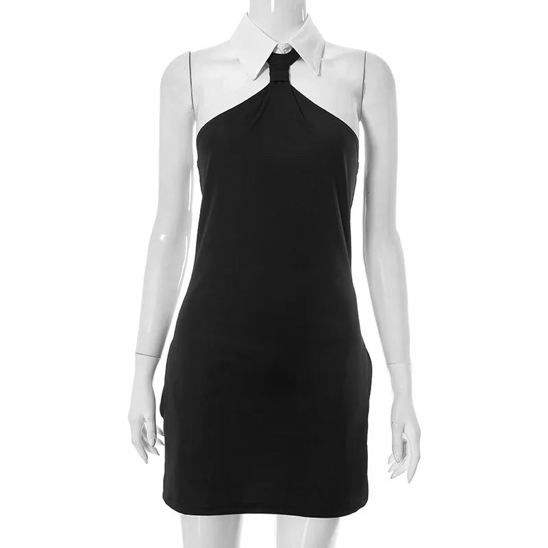 Sleeveless Turn Down Collar Black Mini Dress