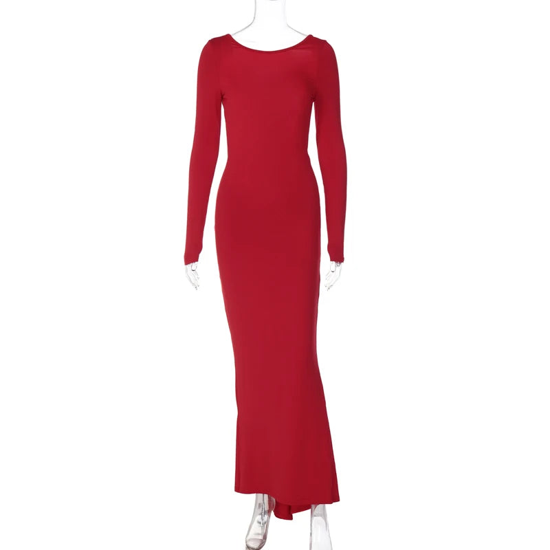 Ruched Y2K Clothes Long Sleeve Backless Midi Dresses