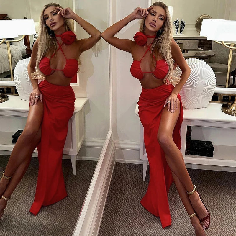 Applique Sexy Y2K Clothes 2 Pieces Sleeveless Backless Halter Crop Top Side Slit Bodycon Maxi Skirt Matching Set Club