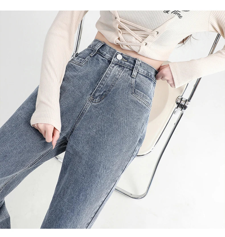 Woman Jeans Elastic High Waist Wide Leg Cotton Denim Clothing Blue White Streetwear Vintage Fashion