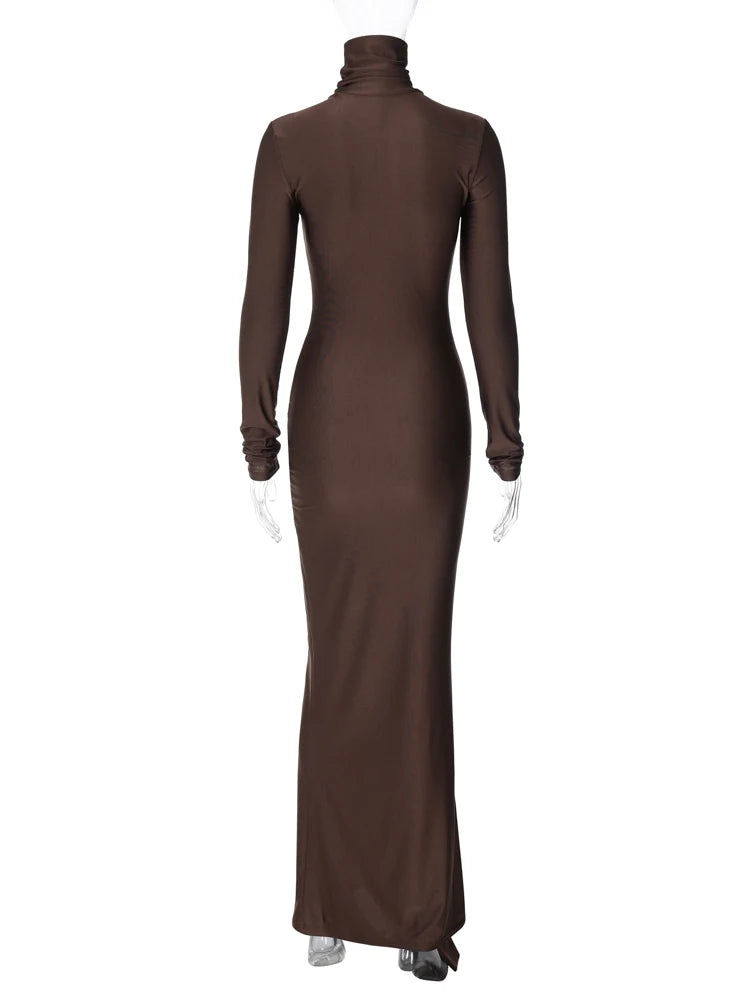 Solid Pure Color Turtleneck Tassels Long Sleeves Maxi Dress