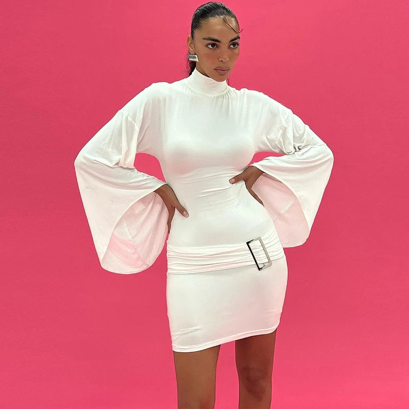 Solid Pure Color Half Turtleneck Long Trumpet Sleeves Mini Dress