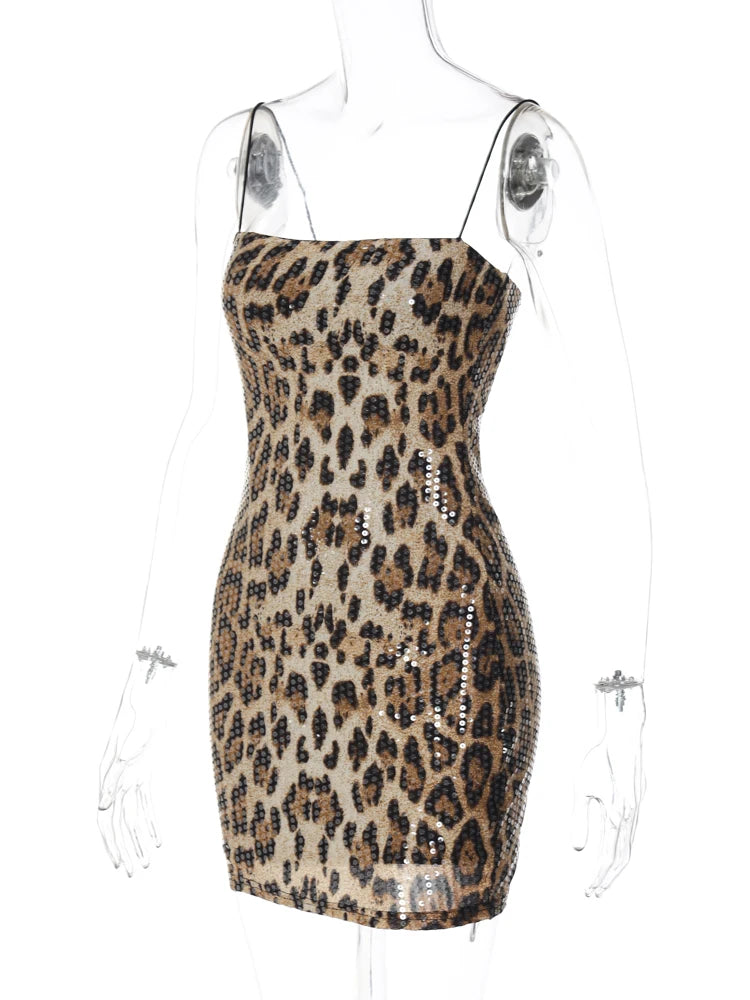 Leopard Print Spaghetti Shoulder Strap Square Collar Mini Dress