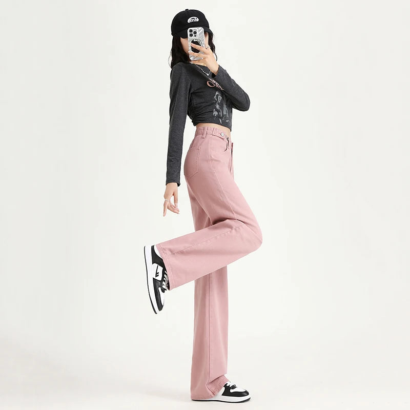 Women Straight  Jeans Adjust Elastic High Waist Vintage Denim Pants Leisure Streetwear  Fashion Loose Wide Leg Trousers