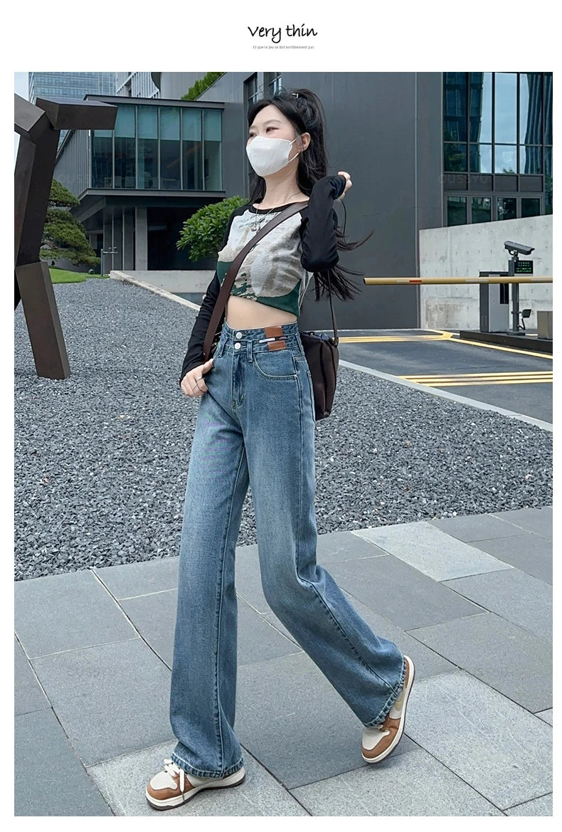 Woman Jeans High Waist Straight Wide Leg Cotton Denim Clothing Blue Streetwear Vintage Fashion  Trousers