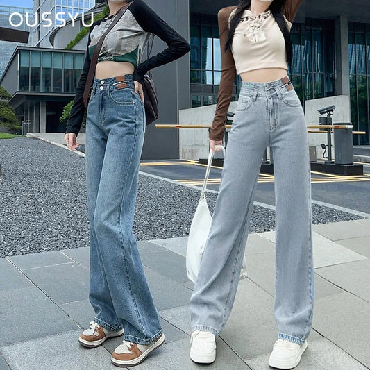 Woman Jeans High Waist Straight Wide Leg Cotton Denim Clothing Blue Streetwear Vintage Fashion  Trousers