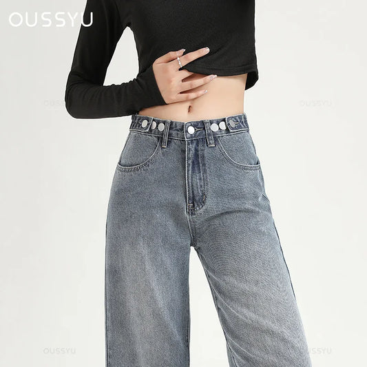 Women Straight  Jeans Adjust Elastic High Waist Vintage Denim Pants Leisure Streetwear  Fashion Loose Wide Leg Trousers