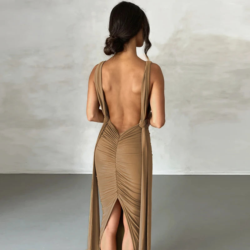 Solid V Neck Backless Ruched Bandage Sleeveless Maxi Dress