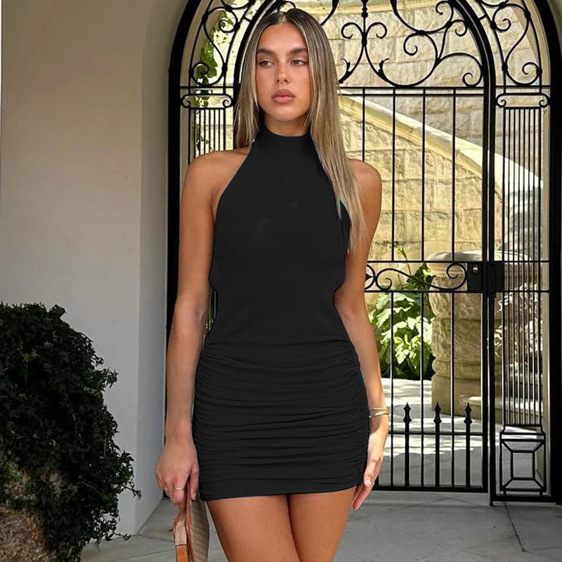 Halter Backless Half Turtleneck Sleeveless Ruched Mini Dress