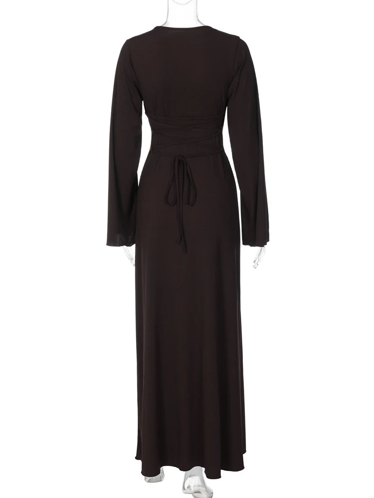 Solid Ribbed Trumpet Sleeves Maxi Dress