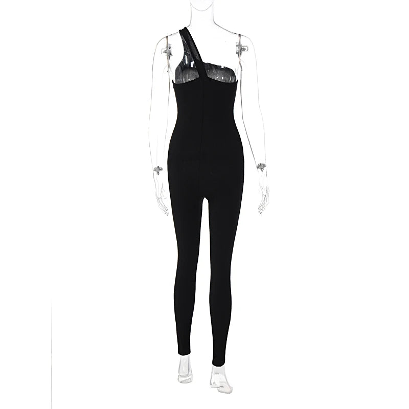 Autumn Ribbed Sexy Y2K Clothes One Shoulder Sleeveless Backless Bodycon Skinny Jumpsuit For Women Club Streetwear Romper