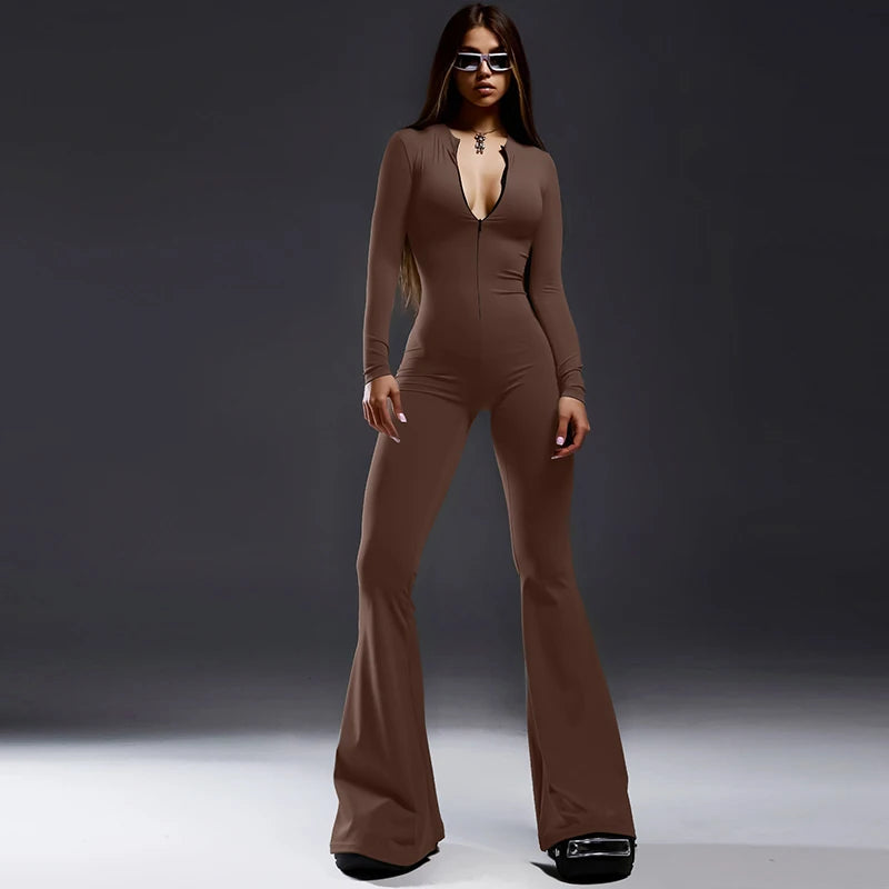 Zipper Half Turtleneck Jumpsuit Long Sleeves Bell-Bottomed Pants Autumn Women Clothing Sexy Body-Shaping Clubwear