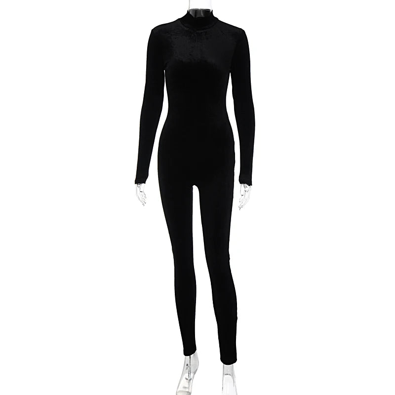 Velvet Sexy Y2K Clothes Long Sleeve O-Neck Bodycon  Zipper Jumpsuit