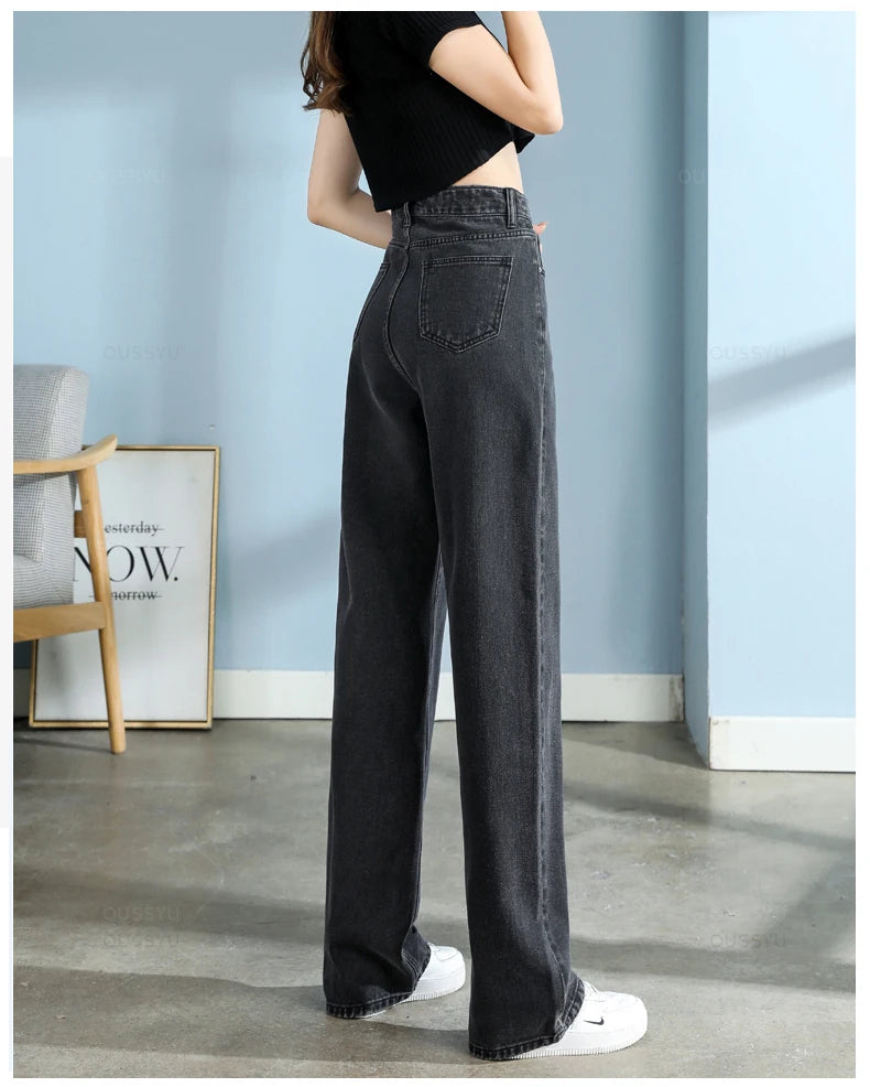 High-Quality Cotton Jeans Women Wide Leg Denim Pants Femme Black Blue Streetwear Baggy Straight Design Waist Trousers