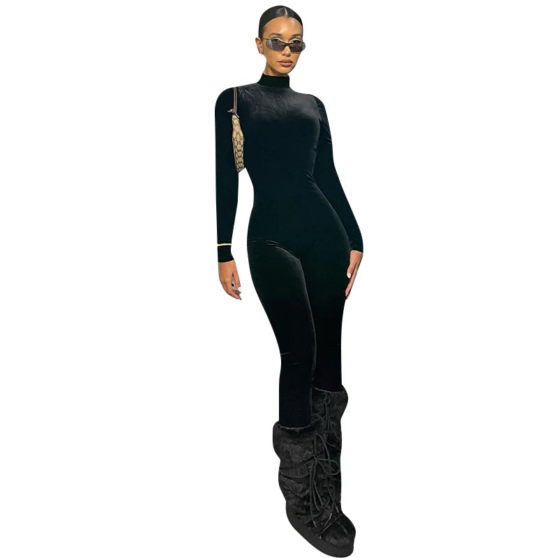 Velvet Sexy Y2K Clothes Long Sleeve O-Neck Bodycon  Zipper Jumpsuit