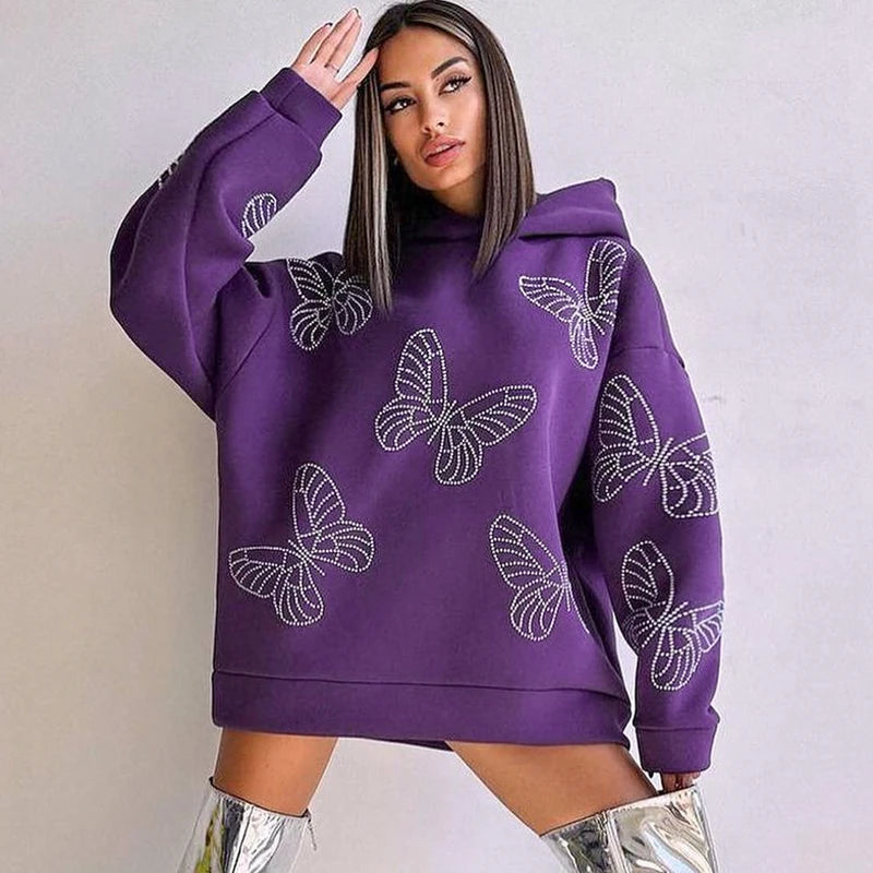 Hooded Sparkly Crystal Rhinestone Butterfly Long Pullovers Casual Streetwear