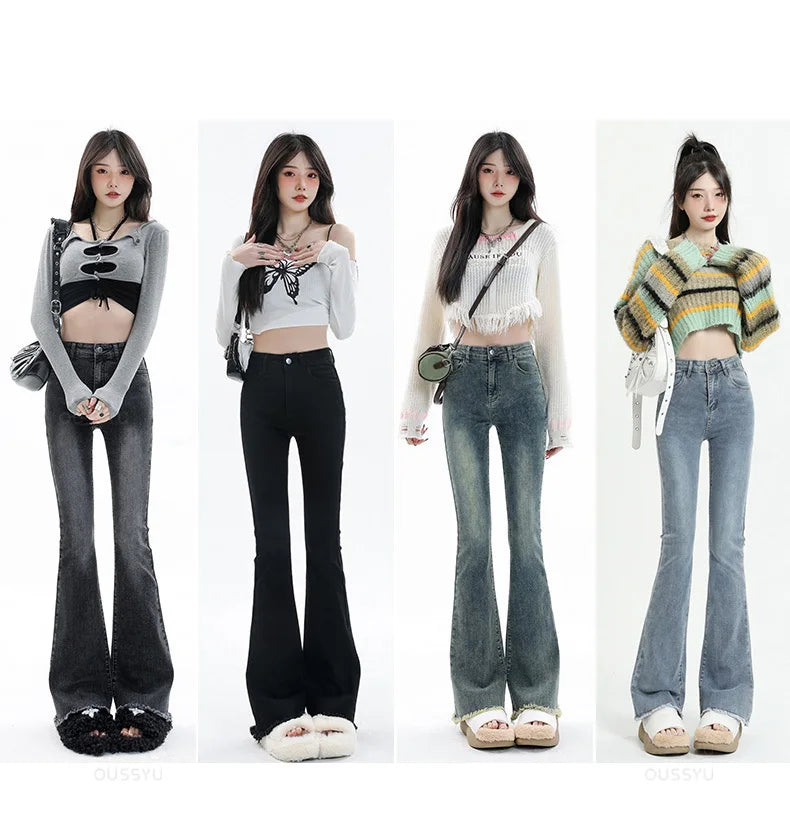 Flared Jeans Women Cotton Vintage Blue Denim Pants Streetwear Elastic High Waist Slim Harajuku Trouser Plus Length