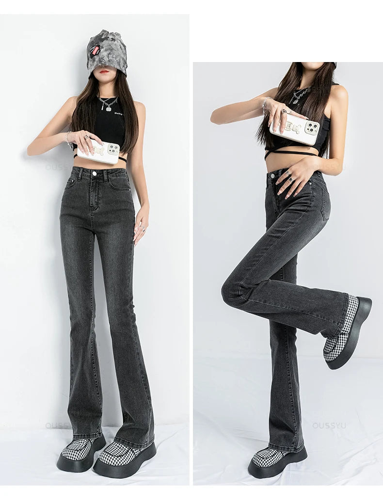 Women Flared Jeans High Waist Cotton Stretch  Wide Leg Denim Casual Pants White Blue Skinny Trousers