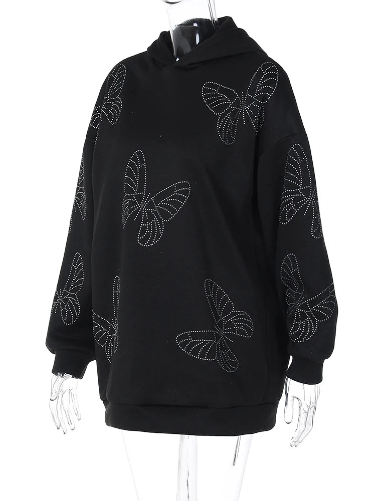 Hooded Sparkly Crystal Rhinestone Butterfly Long Pullovers Casual Streetwear