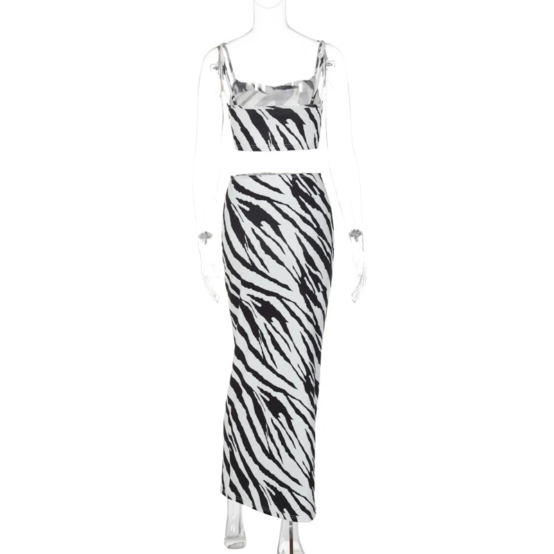 Women Sexy Ribbed Y2K Clothes Zebra Print 2 Pieces Sleeveless Backless Crop Tops Bodycon Maxi Skirt Matching Set Club