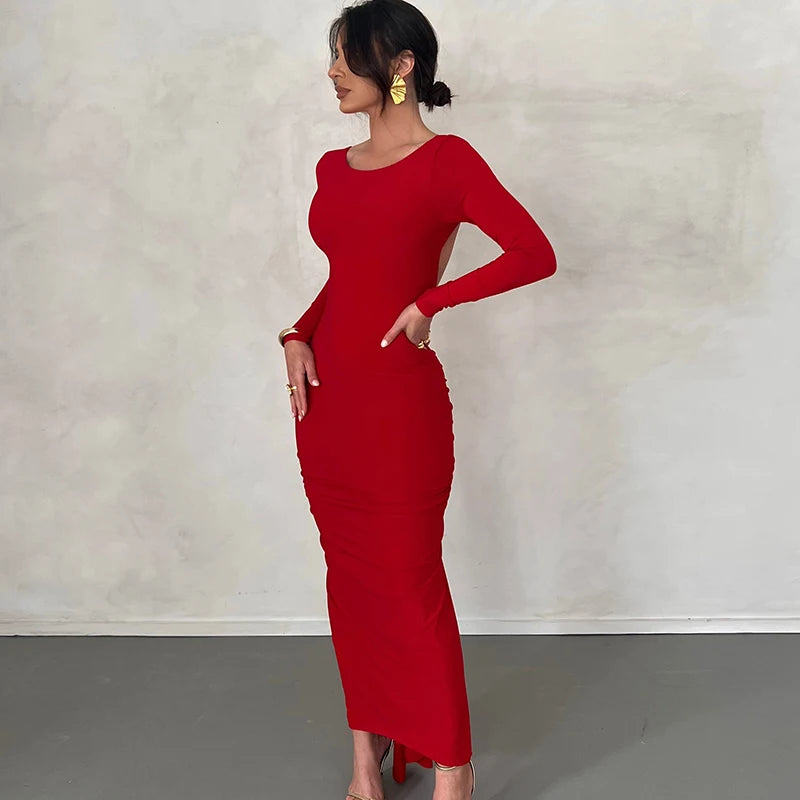 Ruched Y2K Clothes Long Sleeve Backless Midi Dresses