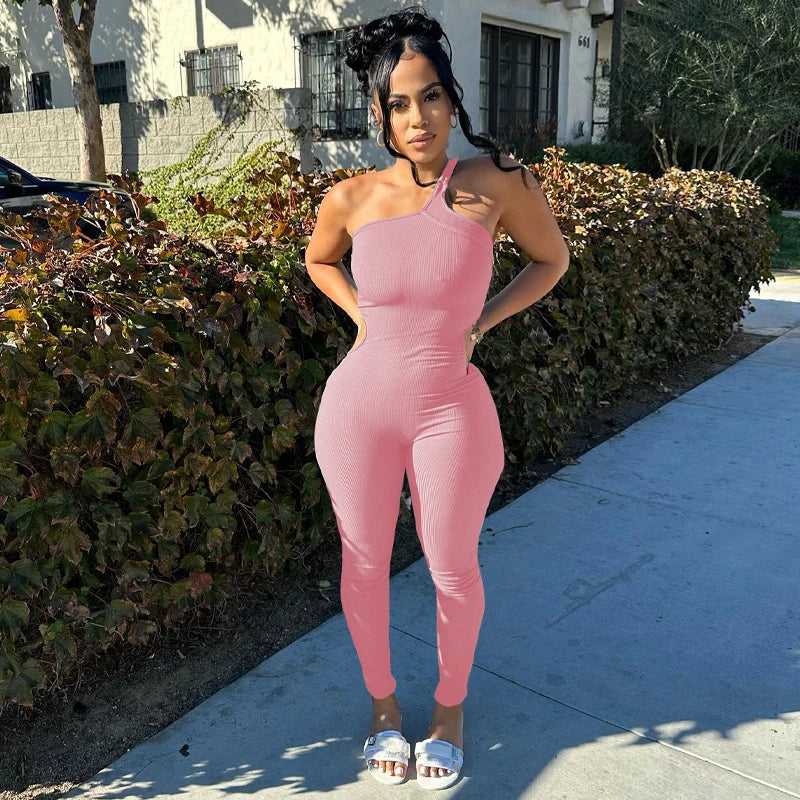 Autumn Ribbed Sexy Y2K Clothes One Shoulder Sleeveless Backless Bodycon Skinny Jumpsuit For Women Club Streetwear Romper