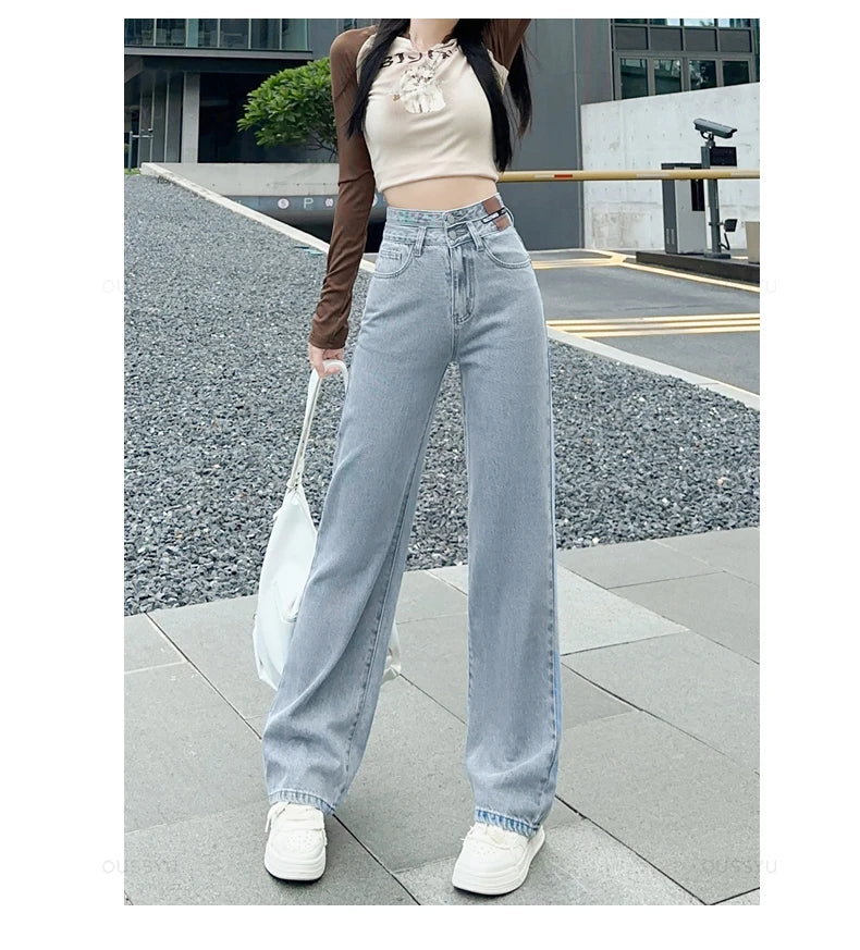 Woman Jeans High Waist Straight Wide Leg Cotton Denim Clothing Blue Streetwear Vintage Fashion  Trousers