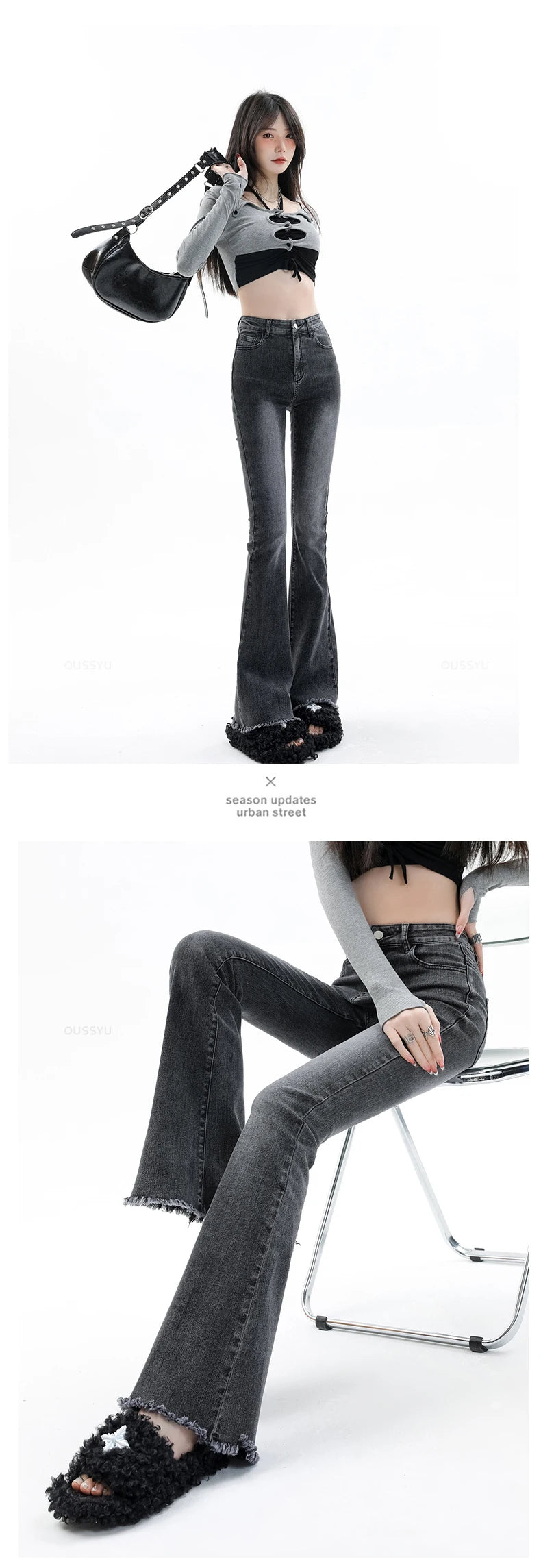 Flared Jeans Women Cotton Vintage Blue Denim Pants Streetwear Elastic High Waist Slim Harajuku Trouser Plus Length