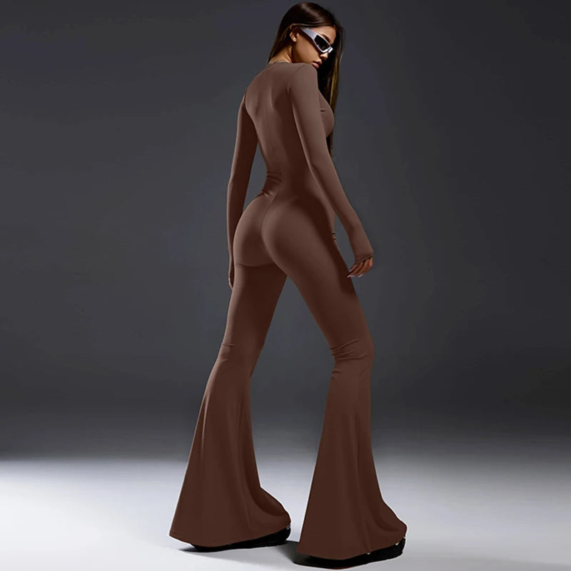 Zipper Half Turtleneck Jumpsuit Long Sleeves Bell-Bottomed Pants Autumn Women Clothing Sexy Body-Shaping Clubwear