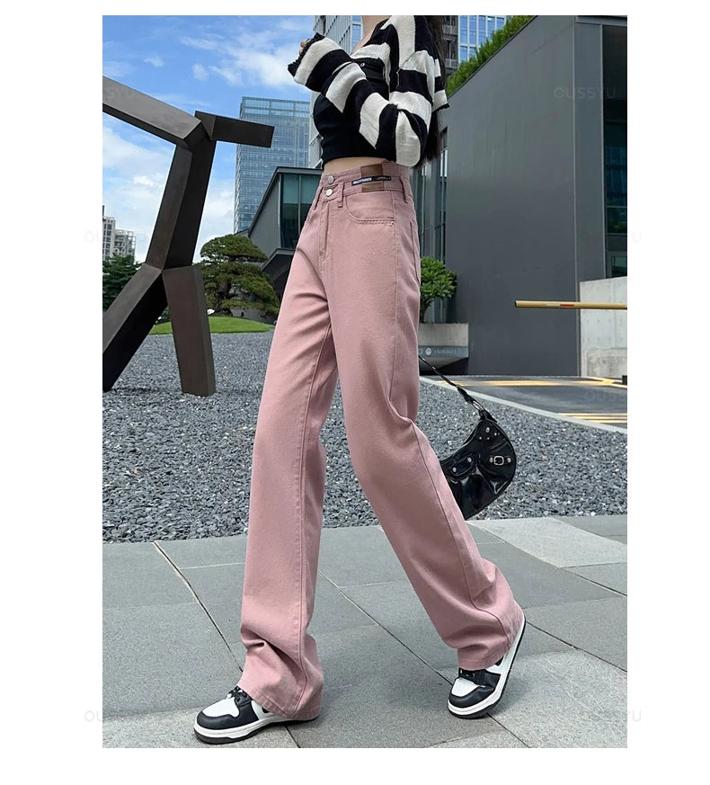 Woman Jeans High Waist Straight Wide Leg Cotton Denim Clothing Blue Streetwear Vintage Fashion  Trousers