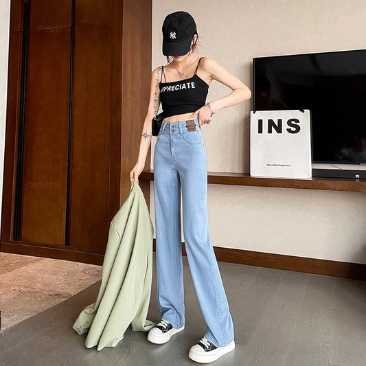 Ultrathin  Jeans High Waist Straight Fashion Pants Streetwear  Casual Female Wide Leg Denim Trouser