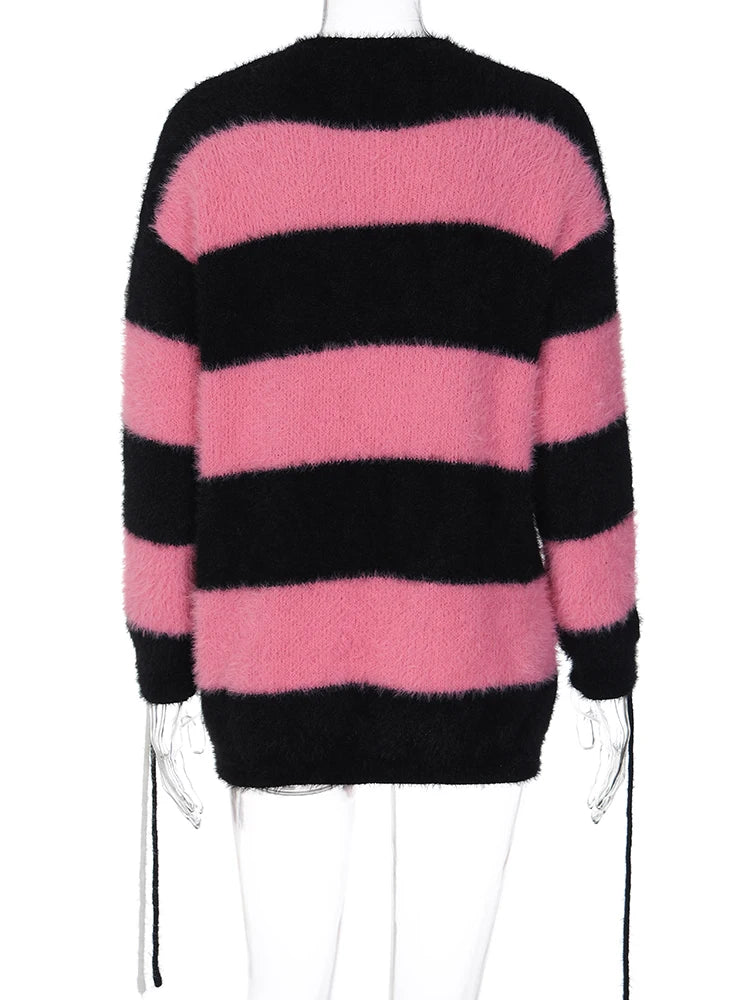 Striped Long Sleeve O-Neck Knitted Crochet Hole Sweater