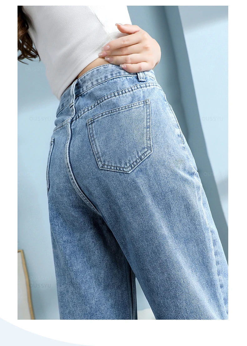 High-Quality Cotton Jeans Women Wide Leg Denim Pants Femme Black Blue Streetwear Baggy Straight Design Waist Trousers