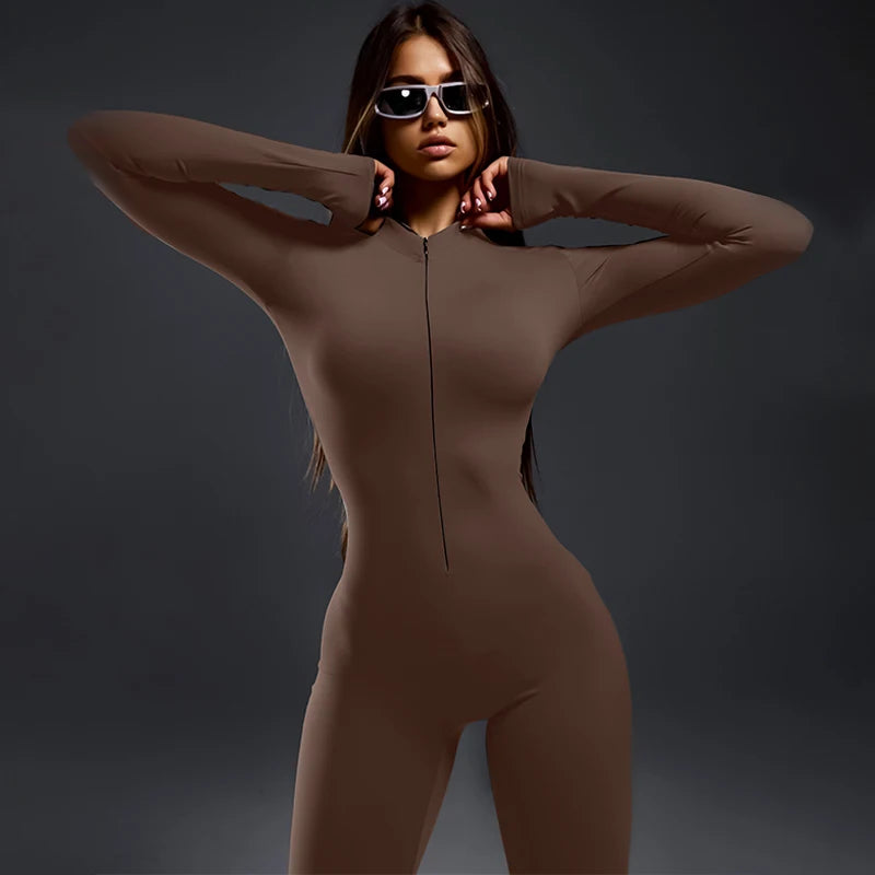 Zipper Half Turtleneck Jumpsuit Long Sleeves Bell-Bottomed Pants Autumn Women Clothing Sexy Body-Shaping Clubwear