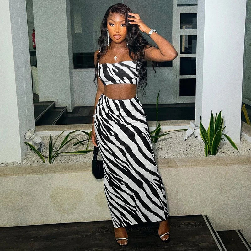 Women Sexy Ribbed Y2K Clothes Zebra Print 2 Pieces Sleeveless Backless Crop Tops Bodycon Maxi Skirt Matching Set Club