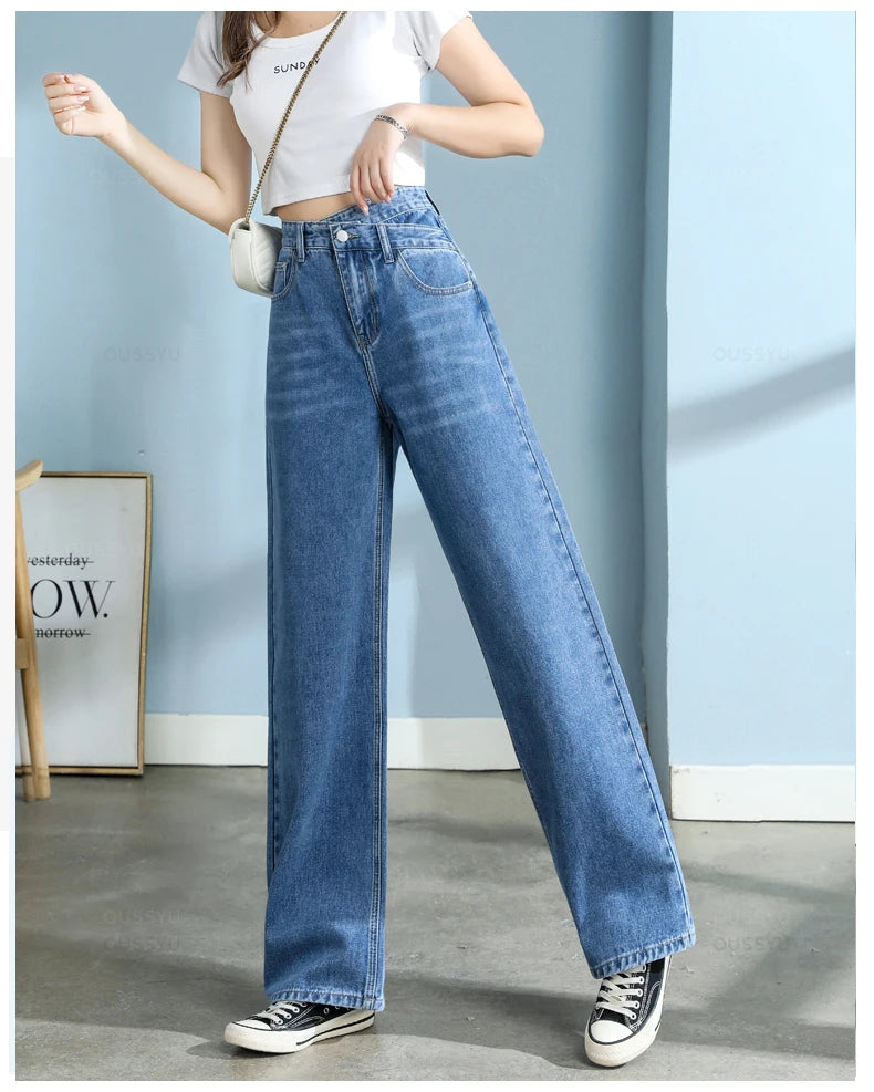 High-Quality Cotton Jeans Women Wide Leg Denim Pants Femme Black Blue Streetwear Baggy Straight Design Waist Trousers