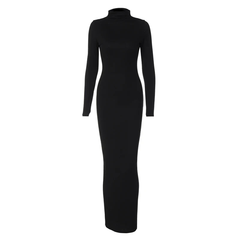 Solid Ribbed Sexy High Neck Long Sleeve Maxi Dress