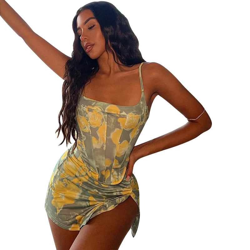 Women Y2K Clothes Floral Print 2 Piece Sets Sleeveless Backless Corset Crop Top High Waist Bodycon Mini Skirt Suit Club