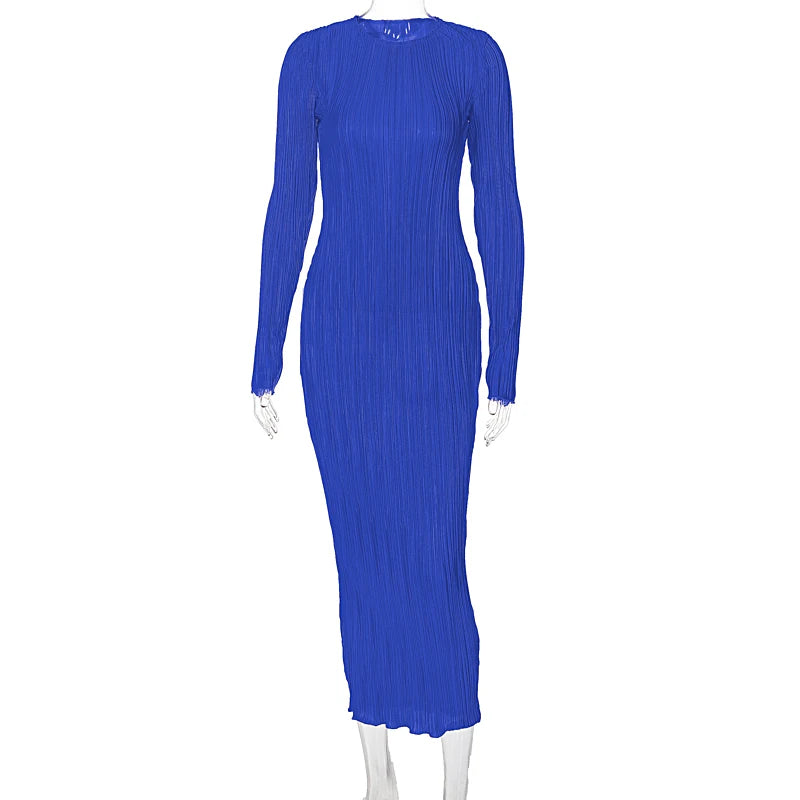 Striped Ruched Ruffle Sexy Y2K Clothes Long Sleeve Midi Dresses