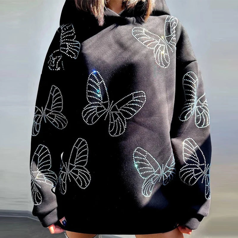 Hooded Sparkly Crystal Rhinestone Butterfly Long Pullovers Casual Streetwear