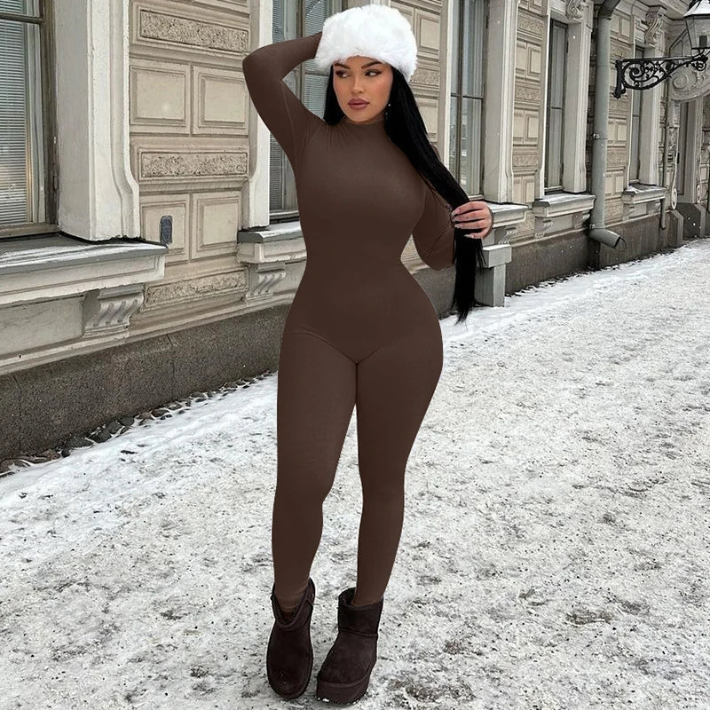 Jumpsuit Half Turtleneck Solid Zipper Autumn Women's Outfits Sexy Streetwear Birthday Party