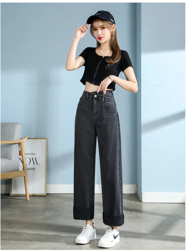 High-Quality Cotton Jeans Women Wide Leg Denim Pants Femme Black Blue Streetwear Baggy Straight Design Waist Trousers