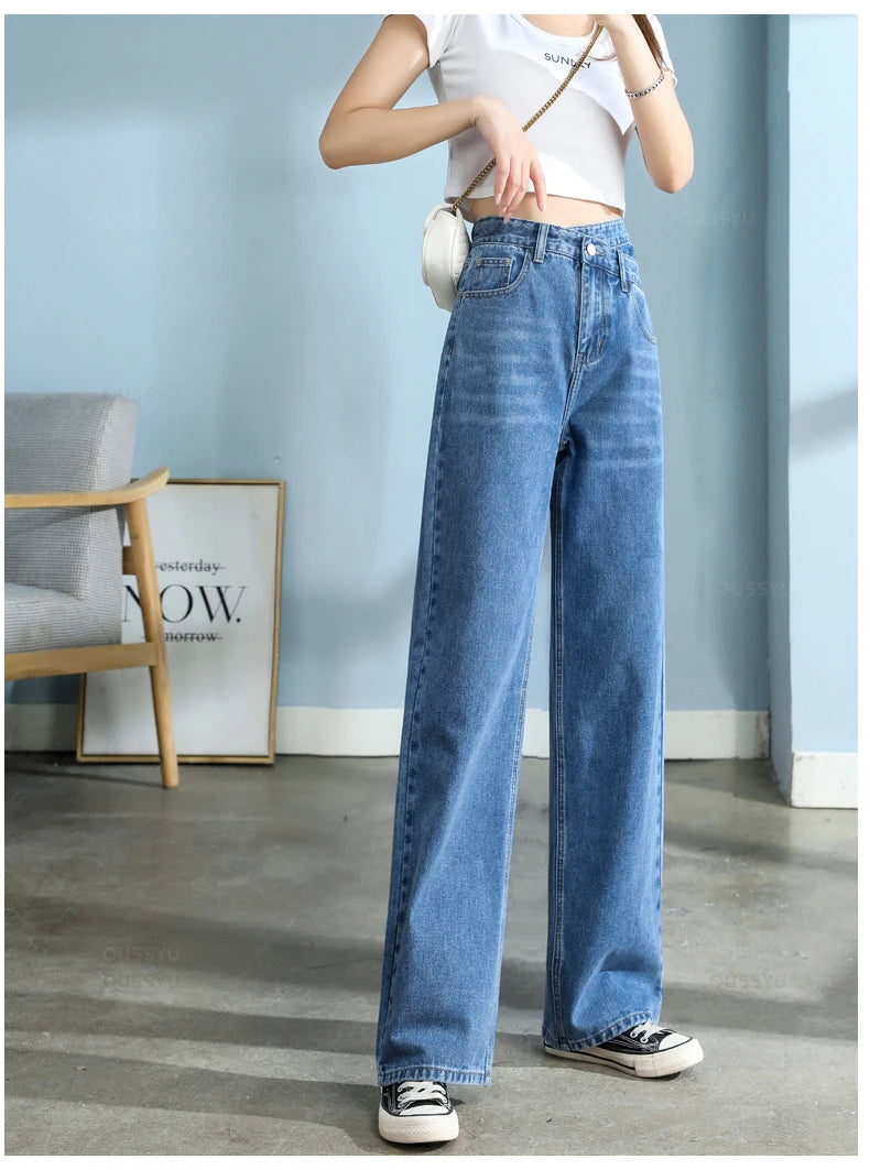 High-Quality Cotton Jeans Women Wide Leg Denim Pants Femme Black Blue Streetwear Baggy Straight Design Waist Trousers