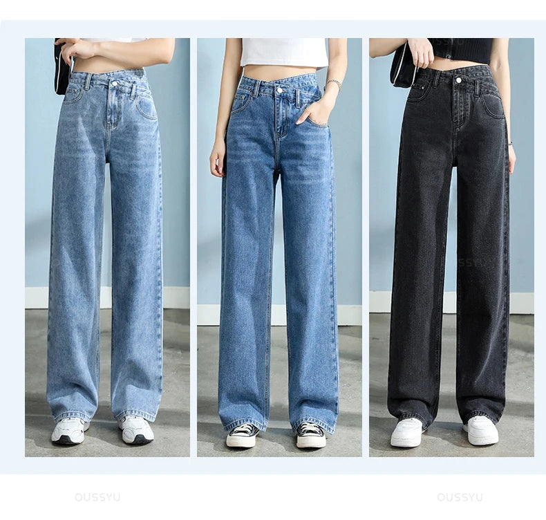 High-Quality Cotton Jeans Women Wide Leg Denim Pants Femme Black Blue Streetwear Baggy Straight Design Waist Trousers