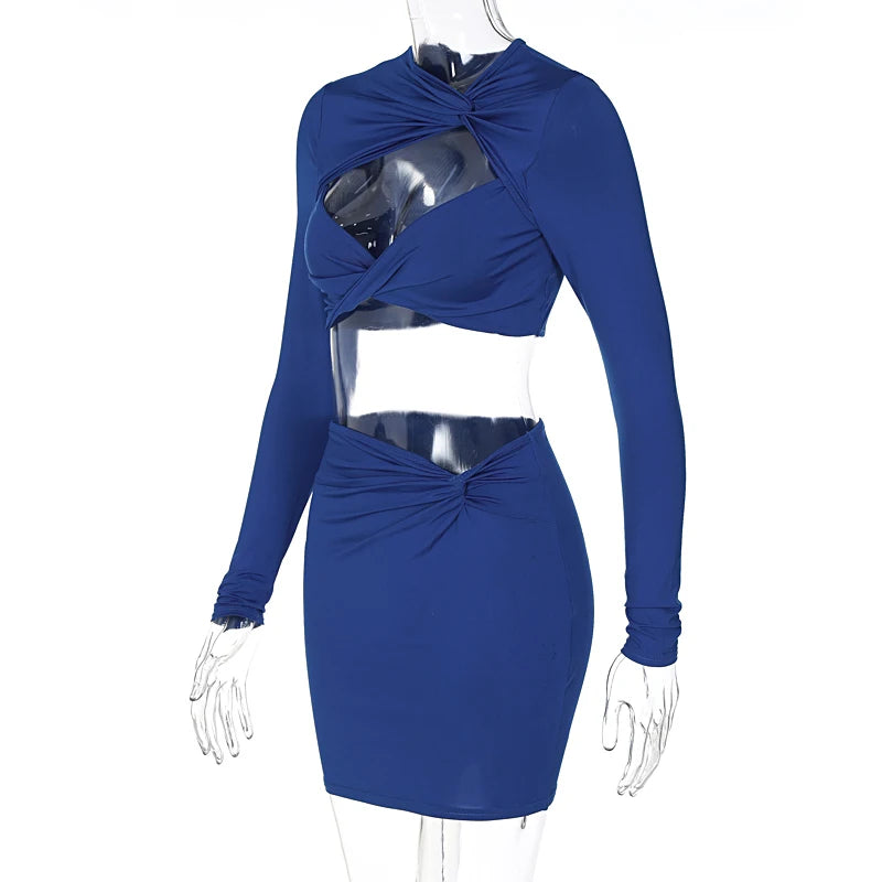 Women Sexy Y2K Clothes 2 Piece Set Hollow Out Long Sleeve Crop Top High Waist Mini Skirts Matching Suit Club Streetwear