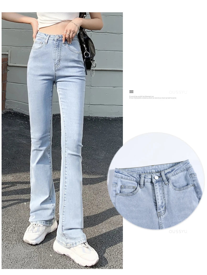 Women Flared Jeans High Waist Cotton Stretch  Wide Leg Denim Casual Pants White Blue Skinny Trousers