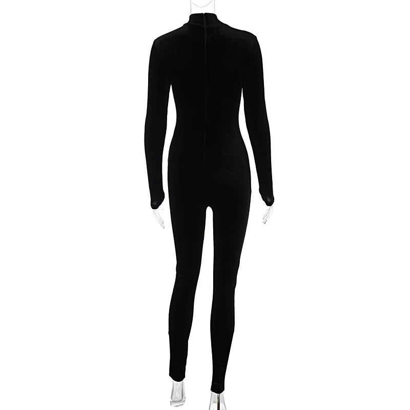 Velvet Sexy Y2K Clothes Long Sleeve O-Neck Bodycon  Zipper Jumpsuit