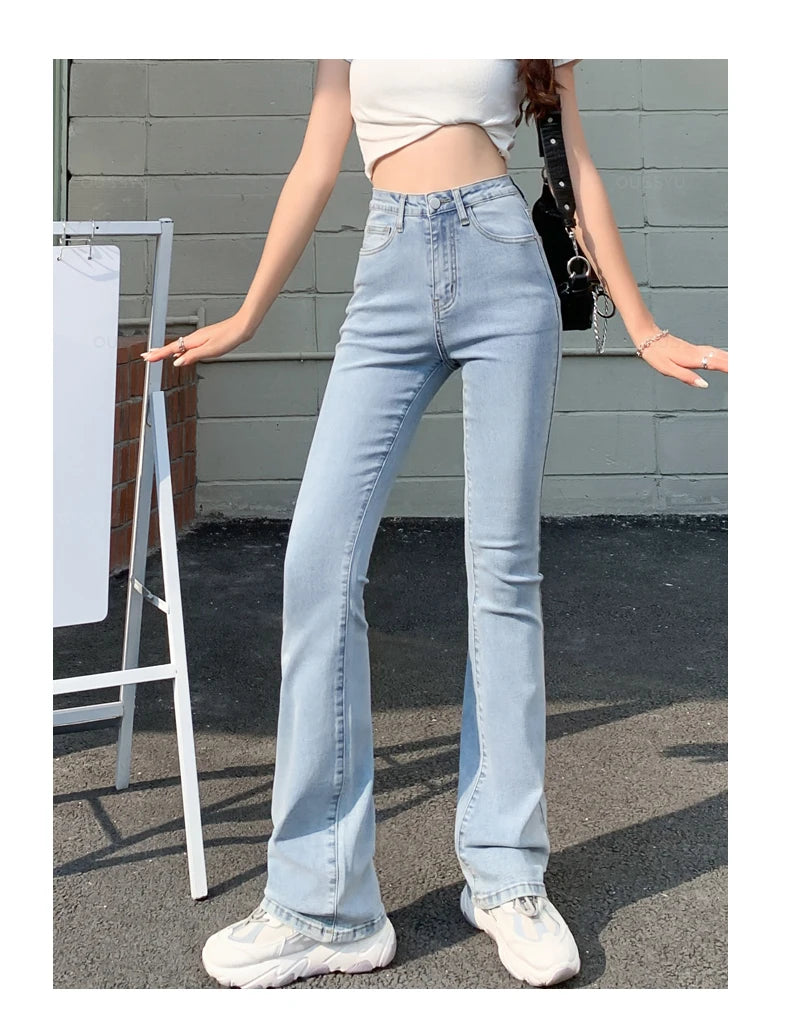 Women Flared Jeans High Waist Cotton Stretch  Wide Leg Denim Casual Pants White Blue Skinny Trousers