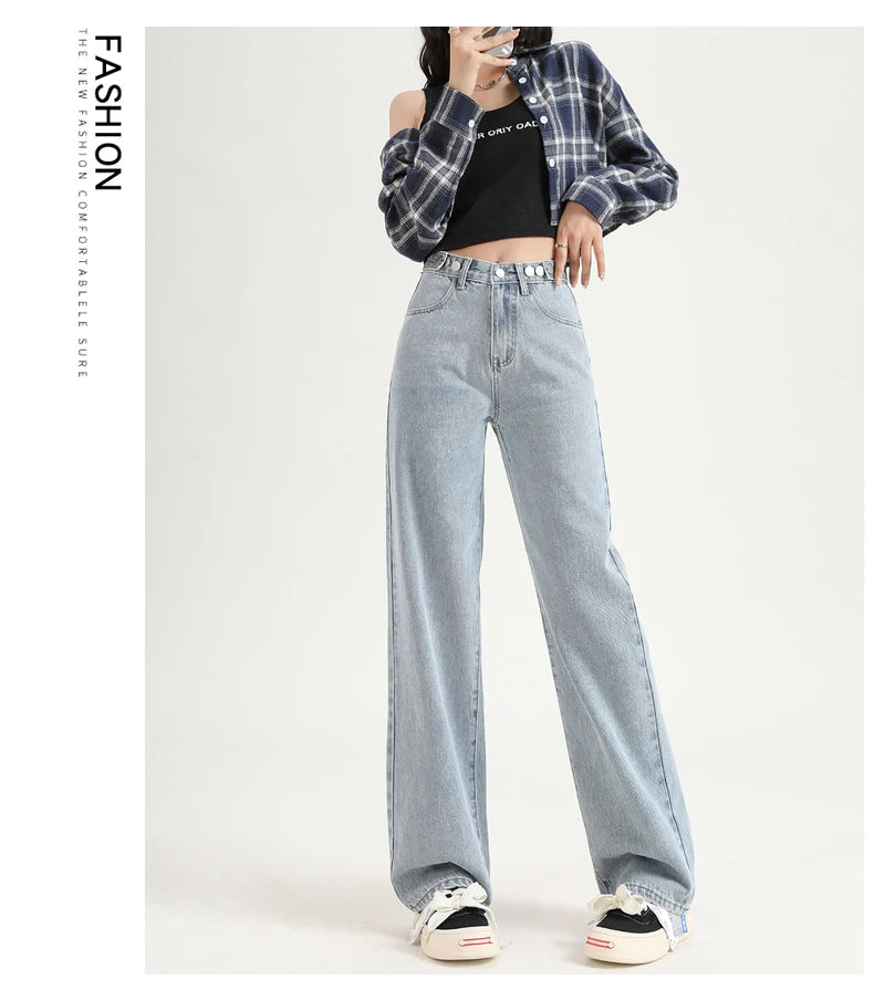 Women Straight  Jeans Adjust Elastic High Waist Vintage Denim Pants Leisure Streetwear  Fashion Loose Wide Leg Trousers